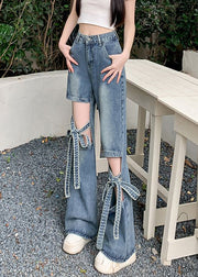 Modern Blue Hollow Out Lace Up Denim Pants Spring