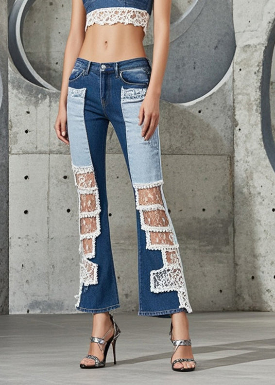 Modern Blue Hollow Out Patchwork Denim Flare Bottoms Spring