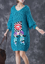 Modern Blue Hooded Character Applique Knit Sweater Dress Fall