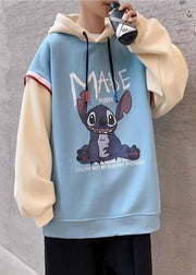 Modern Blue Hooded Print Patchwork Warm Fleece Men Sweatshirt Winter