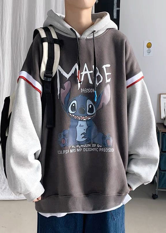 Modern Blue Hooded Print Patchwork Warm Fleece Men Sweatshirt Winter