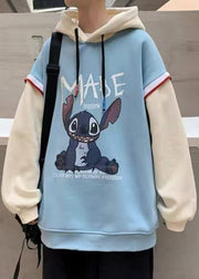 Modern Blue Hooded Print Patchwork Warm Fleece Men Sweatshirt Winter