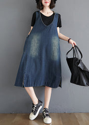 Modern Blue HoodedPockets Patchwork Denim Waistcoat Long Dress Sleeveless