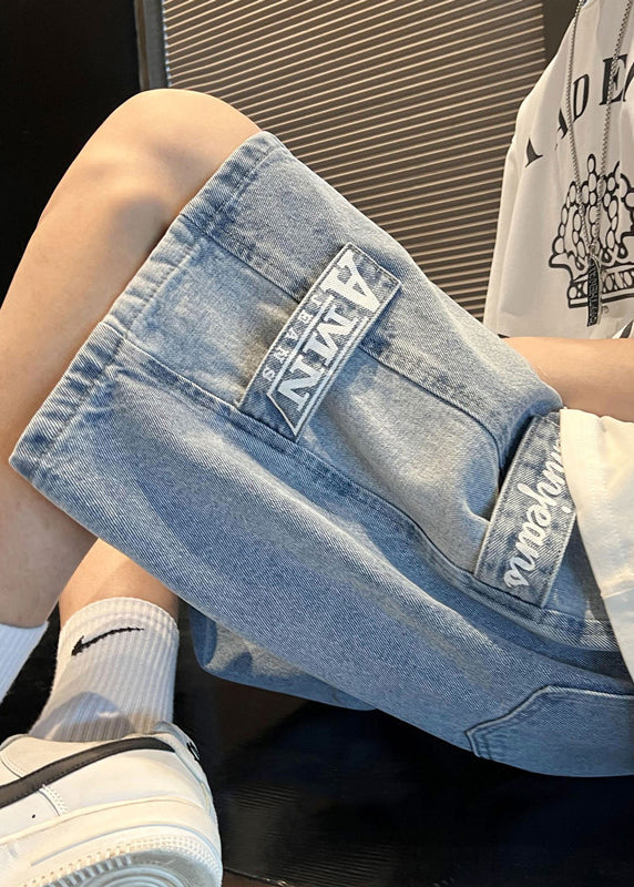 Modern Blue Letter Pockets Patchwork Denim Men Shorts Summer