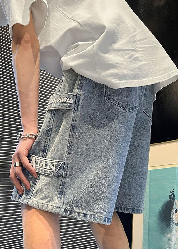 Modern Blue Letter Pockets Patchwork Denim Men Shorts Summer