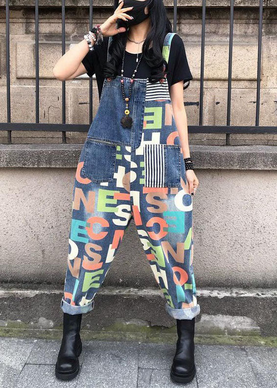 Modern Blue Letter Print Patchwork Denim Wide Leg Jumpsuits Summer