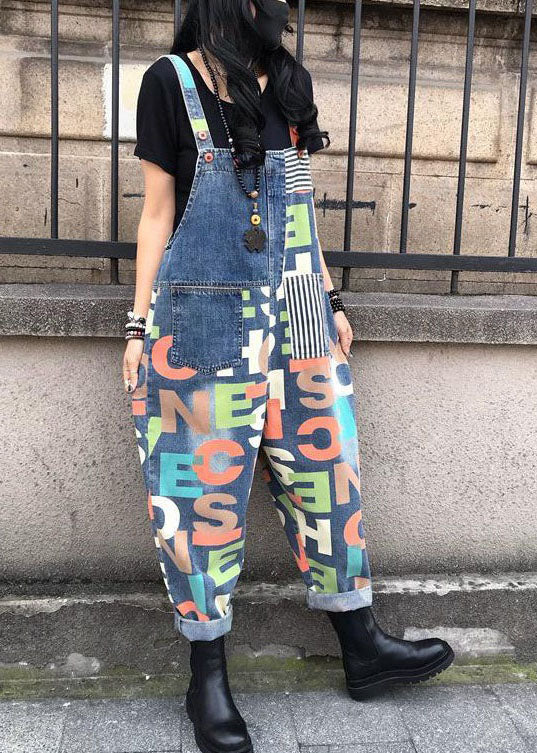 Modern Blue Letter Print Patchwork Denim Wide Leg Jumpsuits Summer