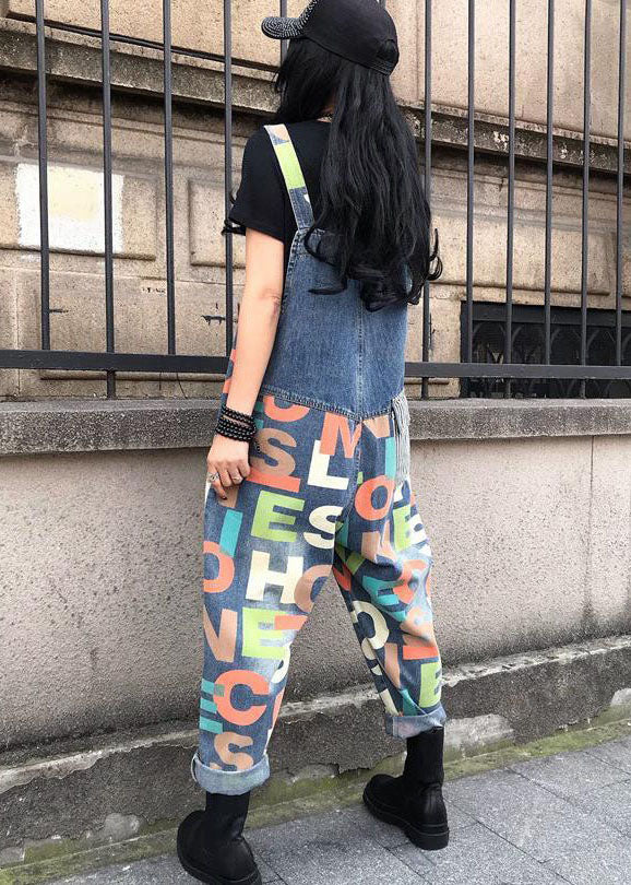 Modern Blue Letter Print Patchwork Denim Wide Leg Jumpsuits Summer