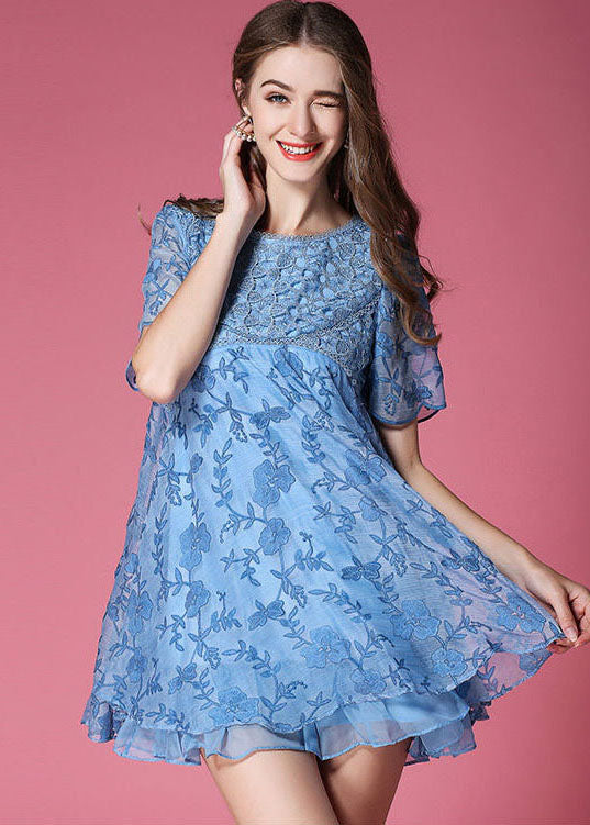 Modern Blue O-Neck Embroideried Organza Dresses Summer