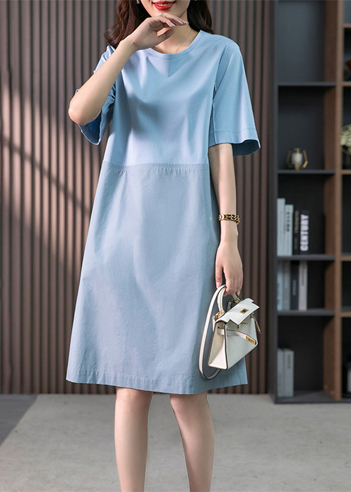 Modern Blue O-Neck Patchwork Cotton Maxi Dresses Short Sleeve