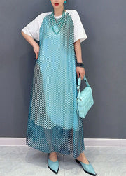 Modern Blue O Neck Patchwork Sheer Mesh Cotton Dress Short Sleeve