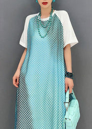 Modern Blue O Neck Patchwork Sheer Mesh Cotton Dress Short Sleeve