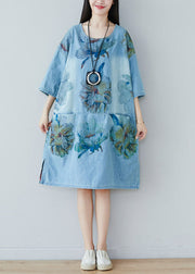 Modern Blue O Neck Print Cotton Dresses Summer