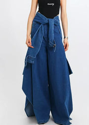 Modern Blue Original Design Lace Up Denim Wide Leg Pants Spring