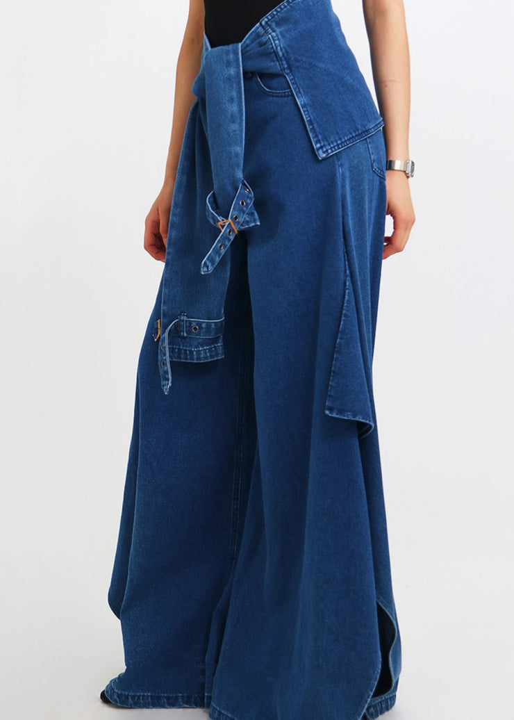 Modern Blue Original Design Lace Up Denim Wide Leg Pants Spring