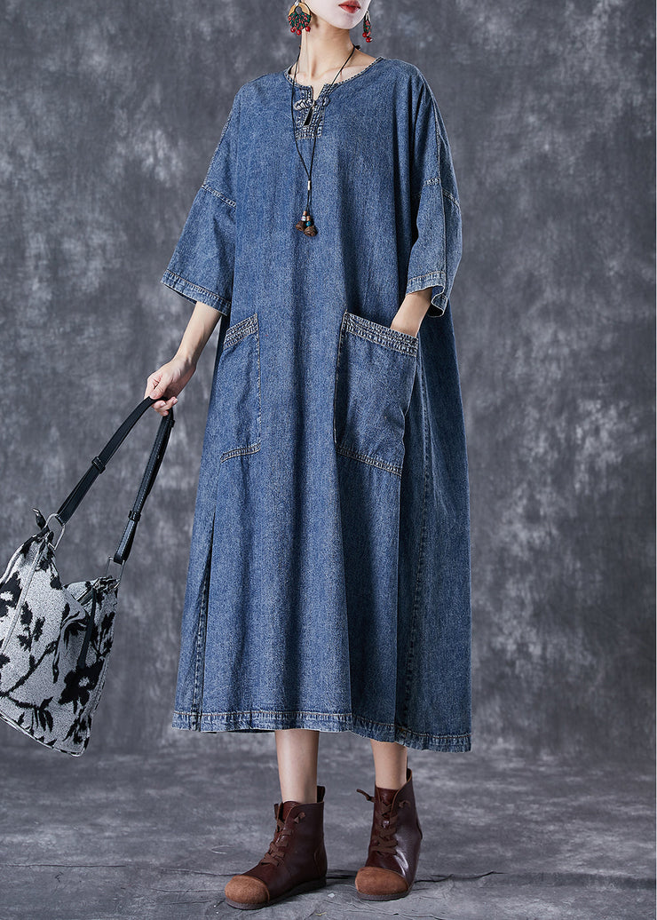 Modern Blue Oversized Pockets Chinese Button Denim Dresses Summer