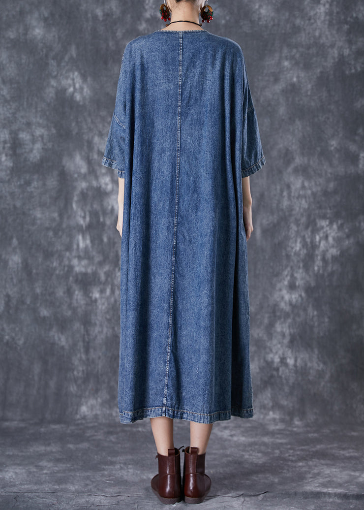 Modern Blue Oversized Pockets Chinese Button Denim Dresses Summer