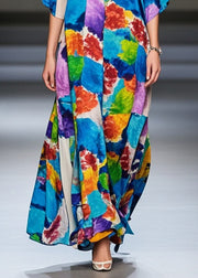 Modern Blue Oversized Print Chiffon Long Dresses Summer