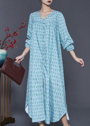 Modern Blue Oversized Print Side Open Cotton Ankle Dress Spring