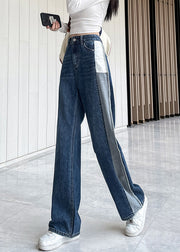 Modern Blue Patchwork High Waist Button Denim Straight Pants