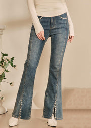 Modern Blue Pearl Front Open Denim Pants Spring