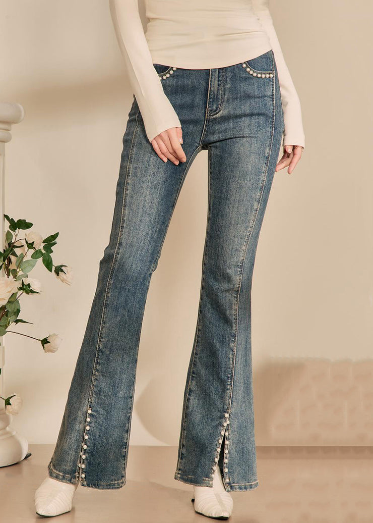 Modern Blue Pearl Front Open Denim Pants Spring