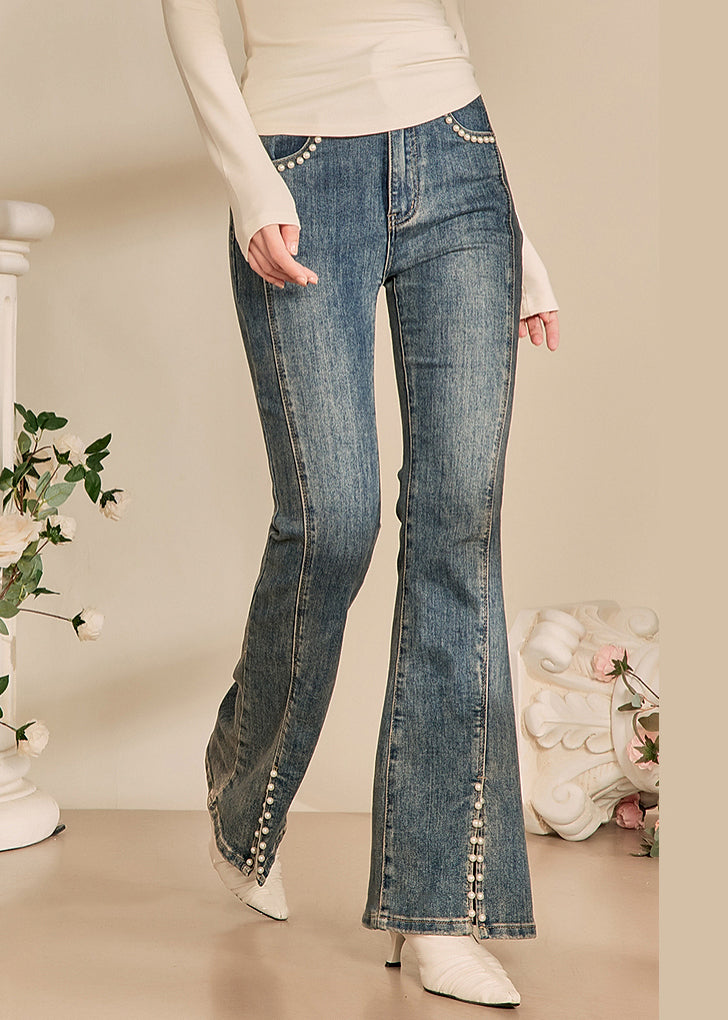 Modern Blue Pearl Front Open Denim Pants Spring