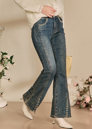 Modern Blue Pearl Front Open Denim Pants Spring