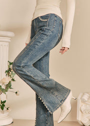 Modern Blue Pearl Front Open Denim Pants Spring