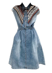 Modern Blue Peter Pan Collar Patchwork Drawstring Denim Mid Dress Short Sleeve