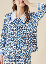 Modern Blue Peter Pan Collar Print Button Ice Silk Pajamas Two Pieces Set Long Sleeve