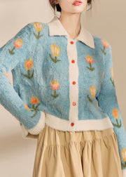 Modern Blue Peter Pan Collar Print Cotton Knit Cardigan Winter