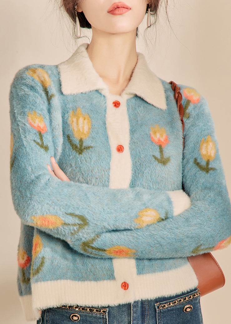 Modern Blue Peter Pan Collar Print Cotton Knit Cardigan Winter