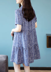 Modern Blue Peter Pan Collar Print Patchwork Chiffon Shirts Mid Dress Summer