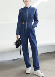 Modern Blue Pockets Zip Up Patchwork Denim Jumpsuit Fall