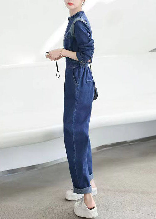 Modern Blue Pockets Zip Up Patchwork Denim Jumpsuit Fall