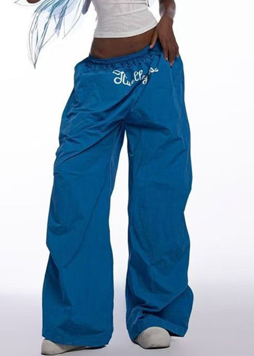 Modern Blue Print Elastic Waist Cotton Wide Leg Pants Spring