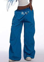 Modern Blue Print Elastic Waist Cotton Wide Leg Pants Spring