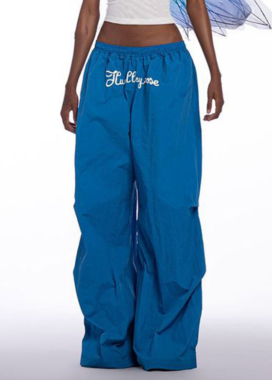 Modern Blue Print Elastic Waist Cotton Wide Leg Pants Spring