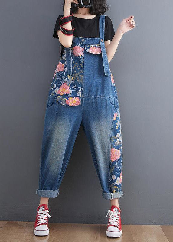 Modern Blue Print Patchwork Denim Straight Overalls Jumpsuit Spring