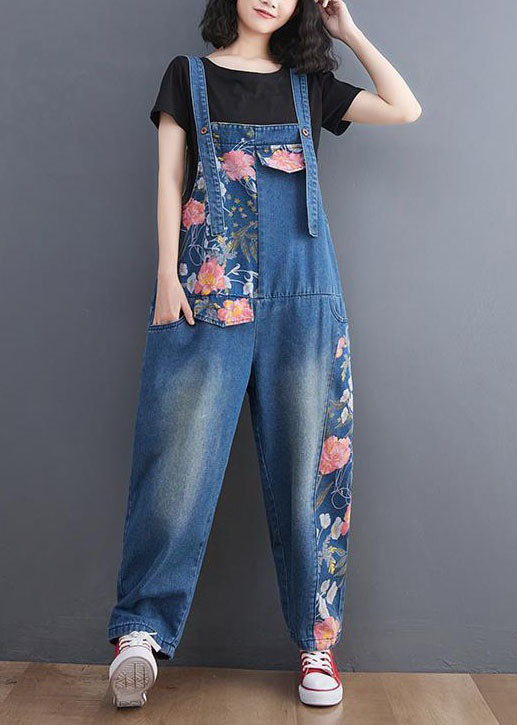 Modern Blue Print Patchwork Denim Straight Overalls Jumpsuit Spring