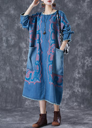 Modern Blue Print Patchwork Pockets Denim Maxi Dresses Fall