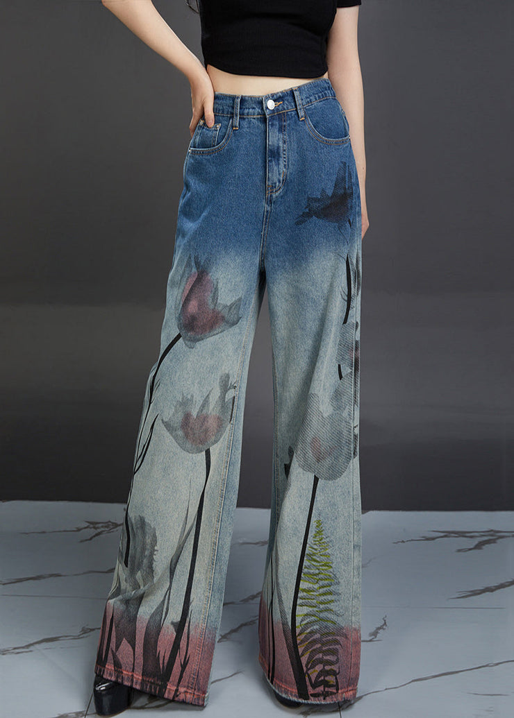 Modern Blue Print Pockets High Waist Denim Pants Fall