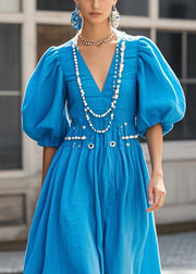 Modern Blue Puff Sleeve Nail Bead Cotton Dresses Summer