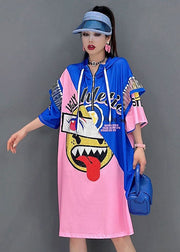 Modern Blue Red Hooded Drawstring Zippered Print Robe Dresses Short Sleeve