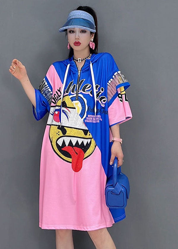 Modern Blue Red Hooded Drawstring Zippered Print Robe Dresses Short Sleeve