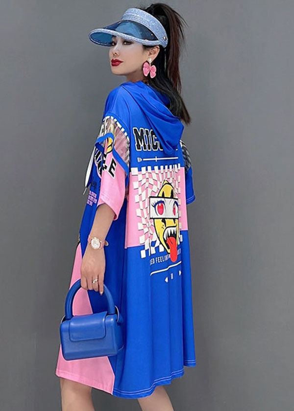 Modern Blue Red Hooded Drawstring Zippered Print Robe Dresses Short Sleeve