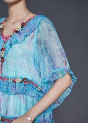 Modern Blue Ruffled Floral Chiffon Robe Dresses Spring