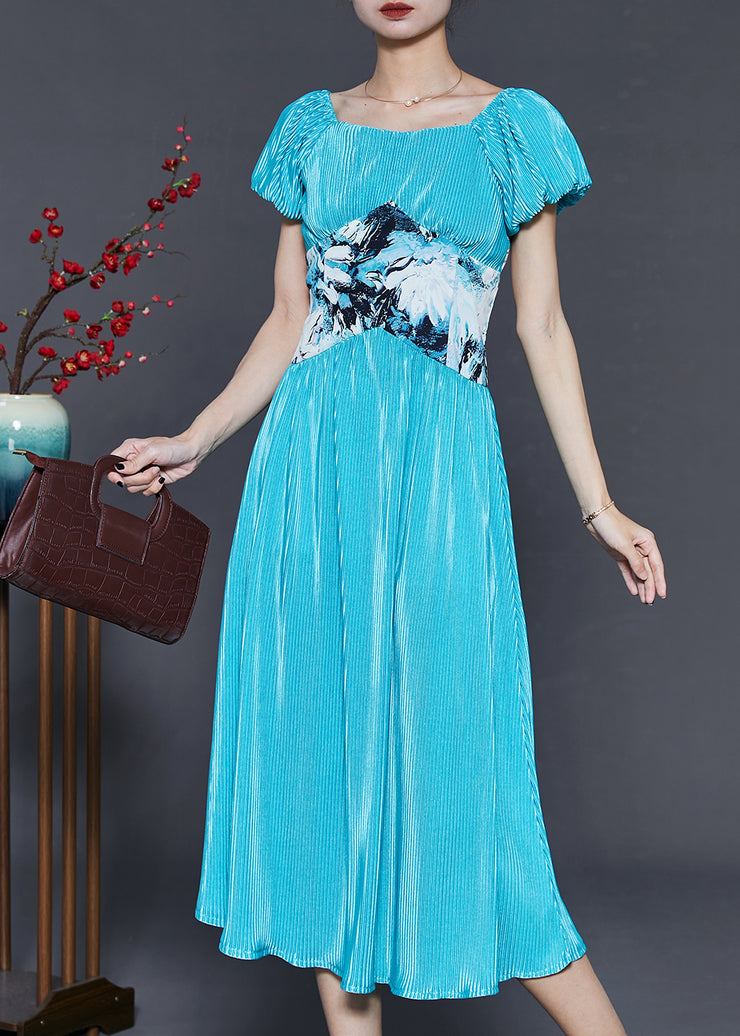 Modern Blue Silm Fit Patchwork Silk Dress Puff Sleeve