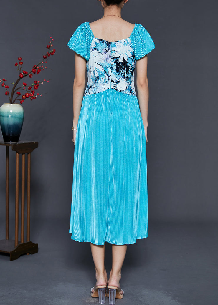 Modern Blue Silm Fit Patchwork Silk Dress Puff Sleeve